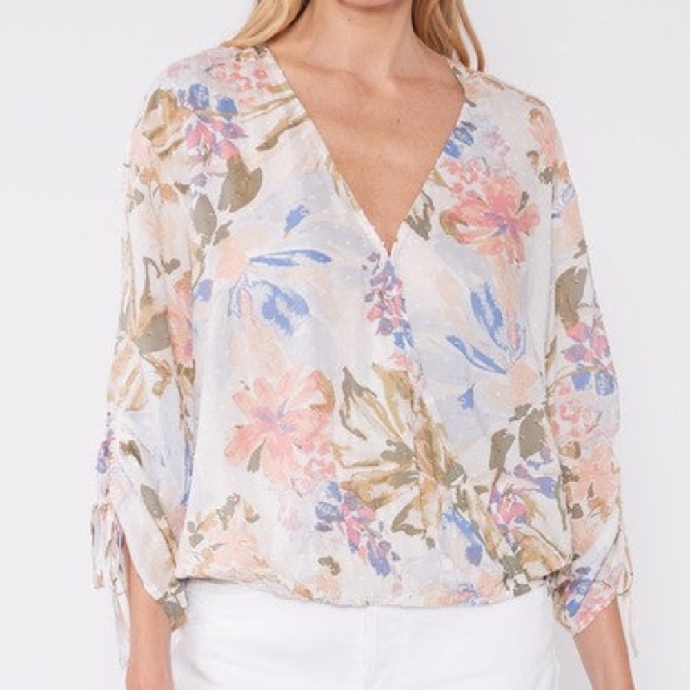 LoveStitch Julie Floral Ruched Sleeve Surplice Blouse